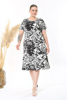 Kadın Siyah Beyaz Tropikal Desen Midi Elbise