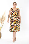 Kadın Turuncu Siyah Tiger Desen Askılı Büyük Beden Elbise