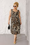 Kadın Kahve Siyah Leopar Desen Askılı Büyük Beden Elbise