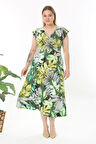 Kadın Yeşil Beyaz Tropikal Desen Fırfır Kol Kruvaze Yaka Büyük Beden Maxi Elbise