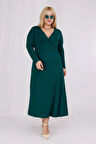 Kadın Zümrüt Yeşil Kruvaze Yaka Büyük Beden Esnek Maxi Elbise