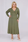 Kadın Haki Yeşil Kruvaze Yaka Büyük Beden Esnek Maxi Elbise