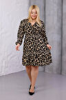 Kadın Kahve Leopar Desen Kruvaze Yaka Esnek Bel Büyük Beden Elbise