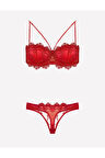 Kadın Kırmızı Destekli Dantelli Büstiyer Takım Set Yeni Sezon
