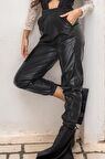 Paça Lastikli Deri Pantolon Siyah