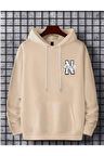 Erkek Bej New York Baskılı Kapüşonlu Sweatshirt