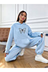 Kelebek Gül Sweatshirt Baskılı Eşofman Takımı Kapüşonlu