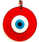 Nazar Boncuklu Deri İpli Tasarım Harikası Kırmızı Cam Duvar Süsü