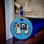 Yaldızlı Fil Modelli Nazar Boncuklu Duvar Süsü Mavi Camlı Duvar Dekoru