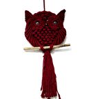 Dalda Baykuşlu Bordo Renk El Yapımı Makrome Duvar Süsü