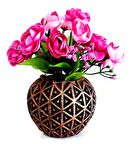 Mini Bronz Vazoda Fuşya Rengi Kır Çiçekli Dekoratif Yapay Çiçek