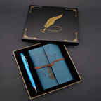 Siyah Kutulu Yaprak Desenli Mavi Deri Defter Ve Kalem Seti