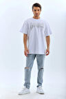 Unisex Oversize Taşlı Bisiklet Yaka T-Shirt - Beyaz