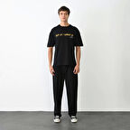 Unisex Bisiklet Yaka Baskılı Oversize T-Shirt - Siyah