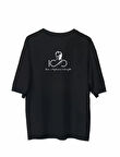 Unisex Bisiklet Yaka Baskılı Oversize T-Shirt - Siyah