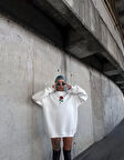 Oversize Üç İplik Bisiklet Yaka Baskılı SweatShirt - Beyaz