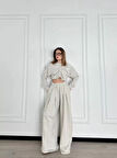 Uzun Kollu Önü İp Büzgülü Crop ve Pantolon İkili Takım - Gri