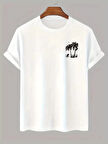 20/1 Penye Compack Palmiye Ön Baskılı Oversize Bisiklet Yaka Kısa Kol Yazlık T-shirt - Beyaz