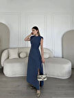 Keten Yandan Yırtmaçlı Uzun Elbise Sıfır Kol Elbise - Mavi