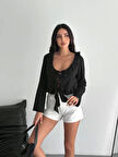 Keten Uzun Kol Bağacık Detaylı Bluz - Siyah