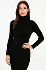 Kadın Boğazlı Uzun Fitilli Triko Dokuma Elbise - Siyah