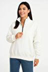 Kadın Üç İplik Dık Yaka Yarım Fermuarlı SweatShirt - Beyaz