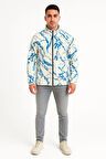 Erkek Tam Fermuarlı Desenli Polar Sweat  Lightning Desen Yakalı, Uzun Kollu, Oversize Rahat Kalıp - Beyaz
