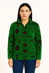 Kadın Yarım Fermuarlı Desenli Polar Sweat Tribal Etnik Desen Yakalı, Uzun Kollu, Oversize Rahat Kalıp - Yeşil