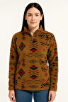 Kadın Yarım Fermuarlı Desenli Polar Sweat Tribal Etnik Desen Yakalı, Uzun Kollu, Oversize Rahat Kalıp - Kahverengi