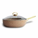 Altın Renk Kulplu Cam Kapaklı Granit Tava 28 cm