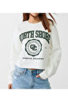 Beyaz Baskılı Crop Sweatshirt