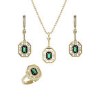Yeşil Zirkon Taşlı Gold Rengi 925 Ayar Gümüş Kadın 3'lü Set