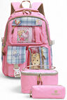Relaxion 2203-1395 Kore Tarzı Unisex Çocuk Üçlü Set İlkokul Sırt Çantası - NKT02203-PEMBE-TEKEBAT