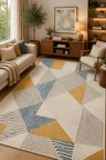 Modern Geometrik Desenli Kaymaz Taban Yıkanabilir Halı Salon Halısı Koridor Halısı Antre Halısı Hardal Mavi Dekoratif Halı İskandinav Tasarım Halı