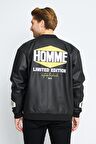 Unisex Oversize Deri HOMME Nakış İşlemeli Bomber Ceket