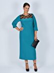 Nidya Moda Büyük Beden Kadın Turkuaz Roba  Dantel Taşlı   Abiye Elbise-4025AT