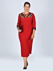 Nidya Moda Büyük Beden Kadın Kırmızı V Bantlı Roba Manşet Dantel Taşlı   Abiye Elbise-4025K
