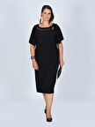 Nidya Moda Büyük Beden Kadın Siyah Taşlı Çiçek Aksesuarlı  Abiye Elbise-4026S