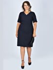 Nidya Moda Büyük Beden Kadın Lacivert  V Taşlı Yaka Abiye Elbise-4027L 