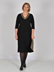 Nidya Moda Büyük Beden Kadın Siyah V Kloş Taşlı Yaka Abiye Elbise-4038S 