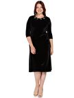 Nidya Moda Büyük Beden Kadın Siyah Taş İşli Lazer Yaka Kadife Abiye Elbise-4072AS
