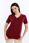 Kadın Bordo V Yaka Cupra Modal Kumaş Kısa Kollu t-shirt