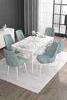 Noa Serisi, Beyaz Mermer Desen 80x132 Açılabilir Mdf Masa Takımı, 6 Su Yeşili Sandalye Gold Halkalı