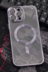 iPhone 13 Pro Max Uyumlu MagSafe Özellikli Mor Renkli Kenarlı Lazerli Şeffaf Kılıf Lens Korumalı