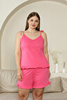 %100 Pamuk İp Askılı Büyük Beden Şortlu Kadın Pijama Takımı- Geniş Beden Aralığı