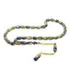 Nipora Gold Renk 925 Ayar Gümüş Püsküllü İmamesı Usta İşçilikli Kapsül Kesim Sedefli Ebru Sanatı Su Yeşili-Mavi Katalin Tesbih