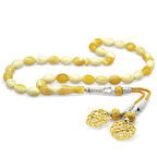 Nipora Özel Premium Kutulu 1000 Ayar Kazaz Püsküllü Arpa Kesim Yedek İmameli King Seccer Sarı-Beyaz Hareli Damla Kehribar Tesbih