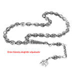 Nipora Tasarım Kalem İşçilikli Çift Başlı Kartal Püsküllü Arpa Kesim Oksitli Gümüş Renk Alpaka Tesbih