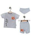 Erkek Bebek Bej Renk Nakışlı Pamuk Mevsimlik Yazlık College T-shirt Önlük ve Şort Takım