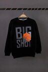 Erkek Çocuk Bisiklet Yaka Siyah Renk Big Shot Basketbol Baskılı 3 İplik Şardonsuz Basic Sweatshirt